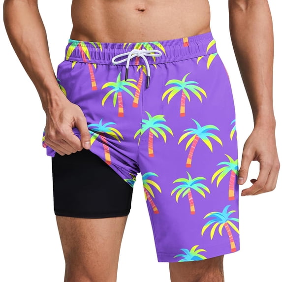 Mens Swim Trunks with Compression Liner Elastic Waist Surfing Beach Shorts Hawaii Sports Pants