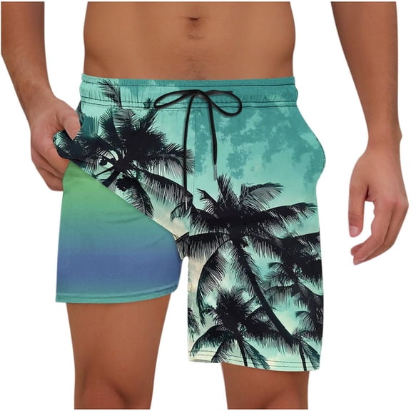 Mens Swim Trunks with Compression Liner Fashion Print Shorts Elastic Waist Drawstring Beach Shorts