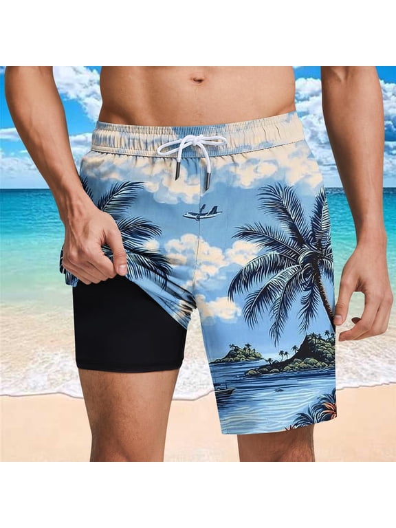 Mens Swim Trunks with Compression Liner Quick-Dry 7" Stretch Beach Shorts
