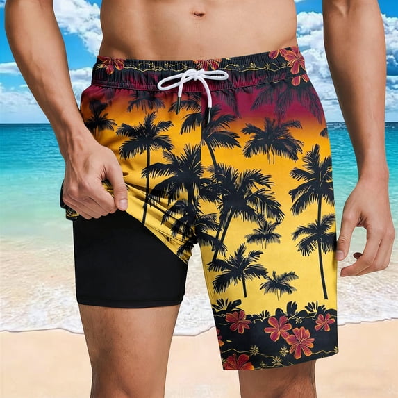 Mens Swim Trunks with Compression Liner Quick-Dry 9" Stretch Beach Shorts