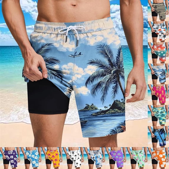 Mens Swim Trunks with Compression Liner, Quick Dry Bathing Suits Board Shorts with Pockets, No-Chafing Swim Shorts