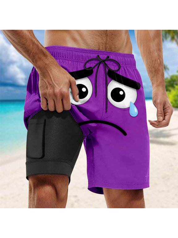 Mens Swim Trunks with Compression Liner Quick Drying Regular Fit Beach Shorts with Drawstring Summer Clothing Purple Size XXL