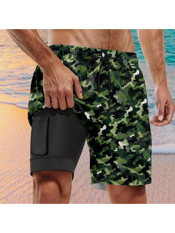 Mens Swim Trunks with Compression Liner Quick Drying Regular Fit Casual Board Shorts Summer Swimming Clothing Dark Green Size XXXL