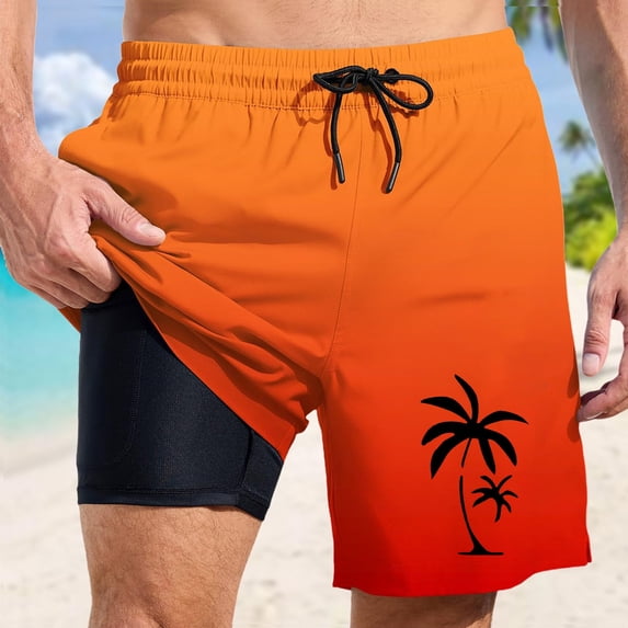 Mens Swim Trunks with Compression Liner Quick Drying Slim Fit Casual Beach Shorts Mens Swimming Clothing Orange Size XXXXL