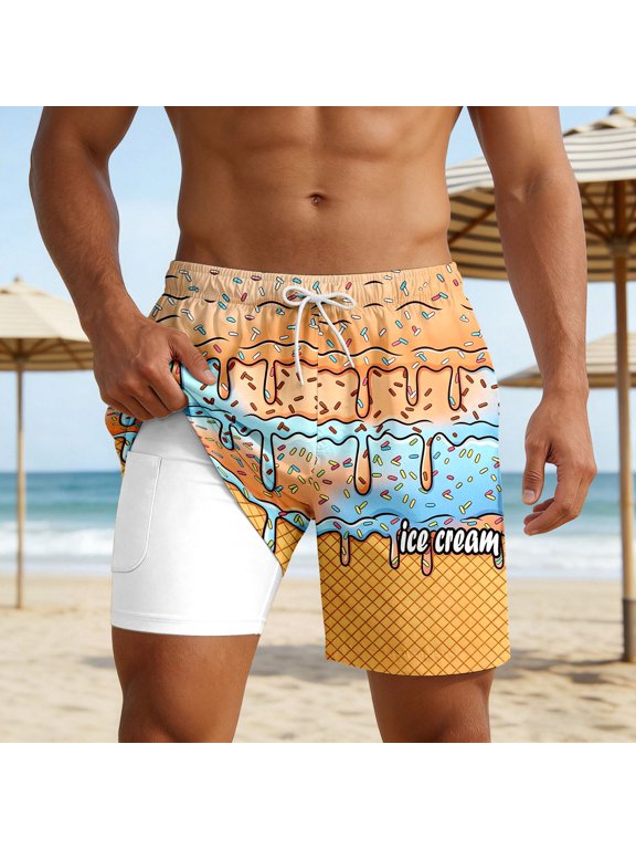Mens Swim Trunks with Compression Liner Quick Drying Slim Fit Casual Swimming Shorts Summer Swimwear Orange Size XXXXXL