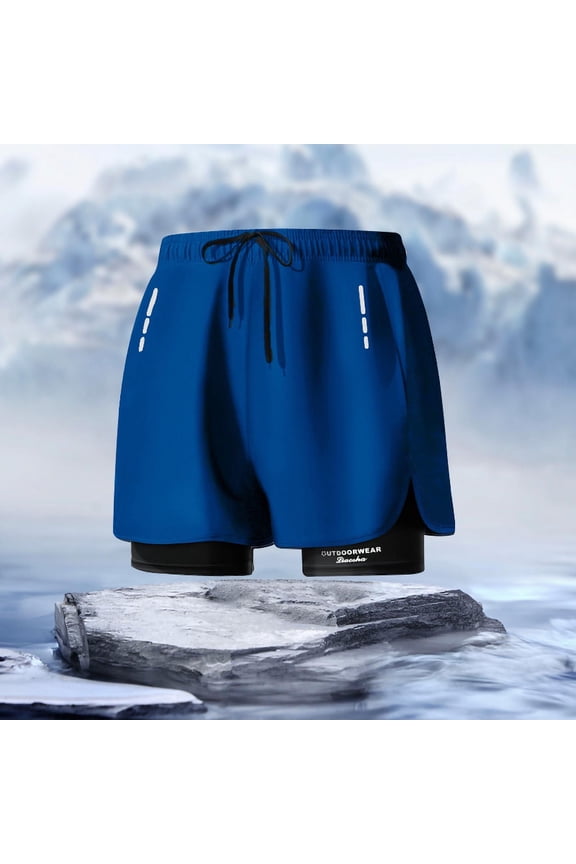 Mens Swim Trunks with Compression Liner and Drawstring Elastic Waist Board Shorts Wide Leg Color Block Athletic Swimwear Beach Short