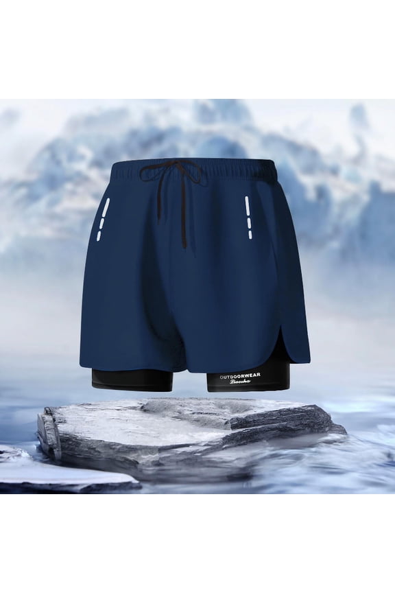 Mens Swim Trunks with Compression Liner and Drawstring Elastic Waist Board Shorts Wide Leg Color Block Athletic Swimwear Beach Short