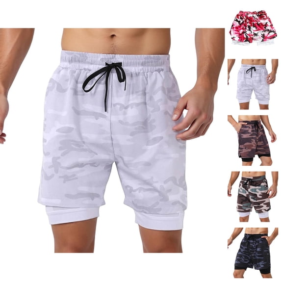 Mens Swim Trunks with Compresssion Liner Elastic Waist Camouflage Print Board Shorts with Pockets Swim Shorts Beachwear