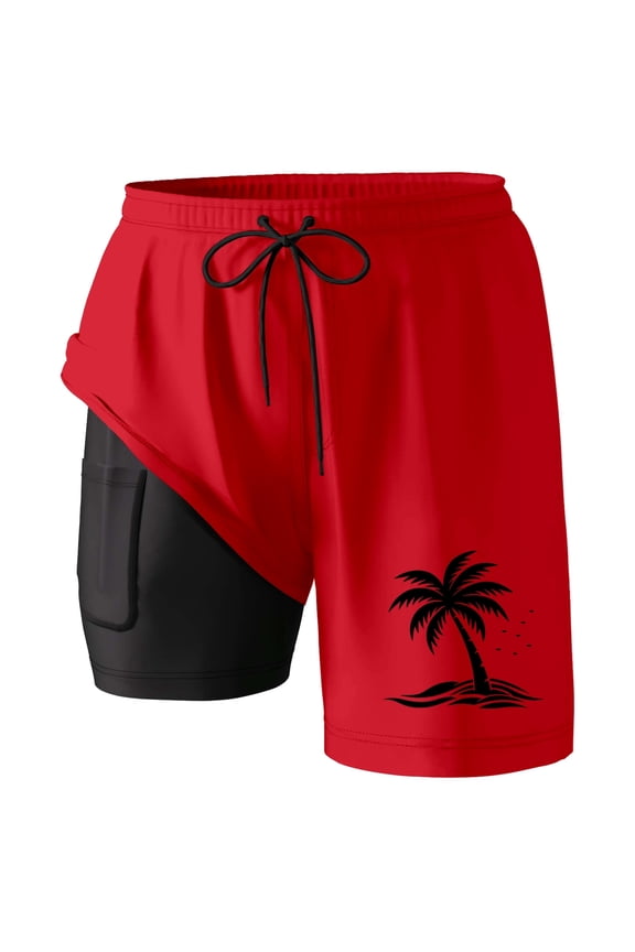 Mens Swim Trunks with Liner Stretchy Quick Dry Drawstring Stretch Beach Board Shorts Tie-Dye Loose Fit Soft Compression Liner Casual Shorts,Red,XL