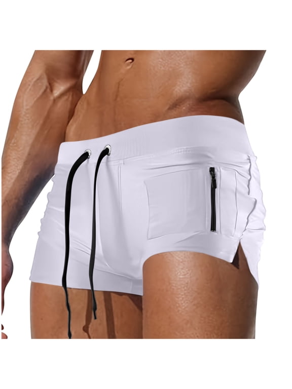 Mens Swim Trunks with Zipper Pocket and Drawstring Low Waisted Swimwear Shorts Boys Stretchy Side Slit Beach Board Swimming Boxers Briefs