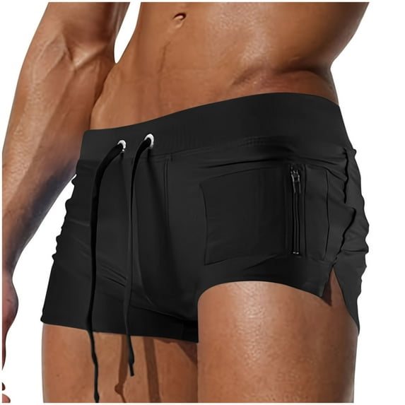 Mens Swim Trunks with Zipper Pocket and Drawstring Low Waisted Swimwear Shorts Boys Stretchy Side Slit Beach Board Swimming Boxers Briefs