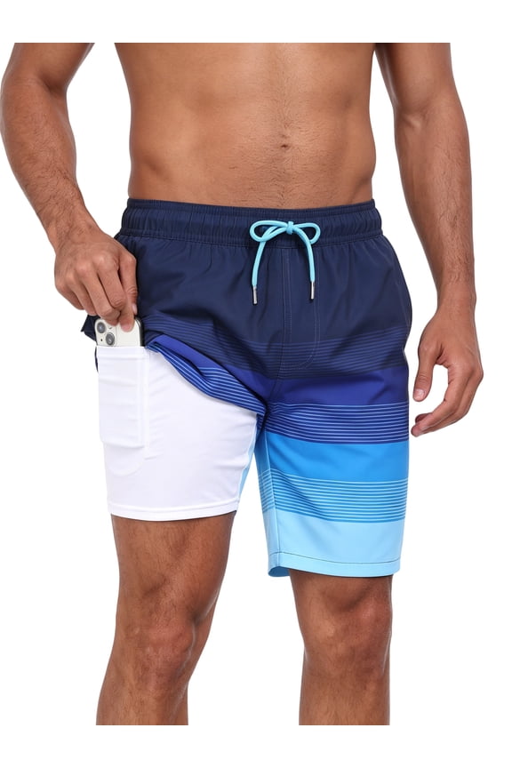 Mens Swim Trunks with Zipper Pockets Quick Dry Liner Bathing Suit-stripe L