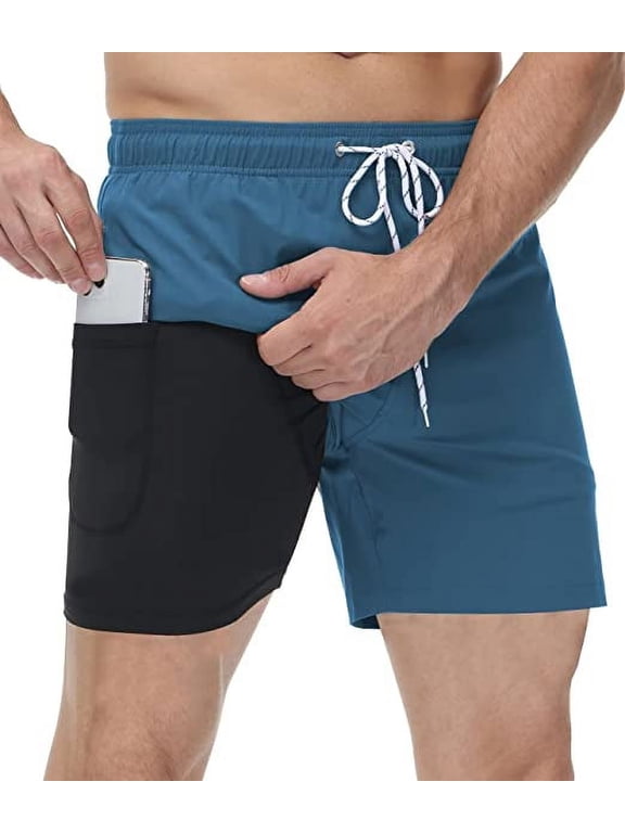 Mens Swim trunks Swim Shorts Quick Dry 5 inch Inseam Beach Shorts with Compression Liner and Zipper Pockets