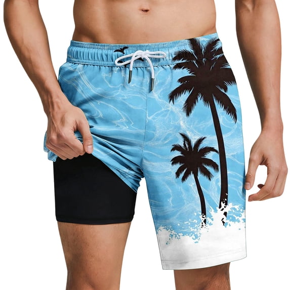 Mens Swimming Shorts with Compression Liner Hawaiian Printed Swim Trunks 2 in 1 Board Shorts with Pockets Holiday Beach Surfing Boardshorts Casual Short Pants for Sports Fitness Training