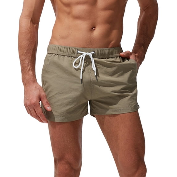 Mens Swimming Shorts Quick Dry Beach Trunks Solid Khaki M