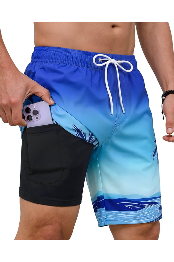 Mens Swim Trunks 9" with 2 in 1 Compression Breathable Liner Zipper Pockets Quick Dry Swim Bathing Suit Summer Beach Hawaiian Shorts, Size S-2XL