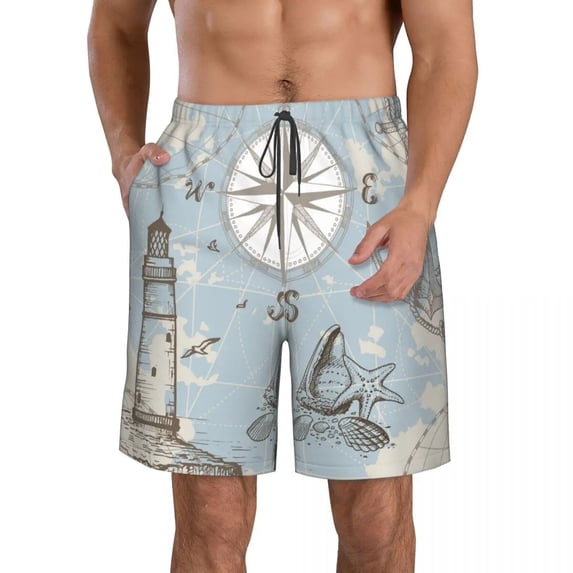 Mens Swimwear Swim Short Trunk Nautical Map With Compass Lighthouse Anchor Seashells Beach Board Shorts Swimming Surffing shorts
