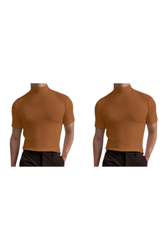 Mens T Shirt 2 Pack Solid Color Turtleneck Short Sleeve Mens Pullover Slim Fit Tops Spring Summer T Shirts for Men Brown XXL