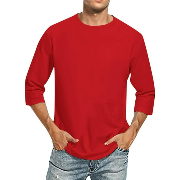 Mens T Shirt 3/4 Sleeve Comfortable Crewneck Solid Color Fit Red Mens Graphic T-Shirts size XXXXL