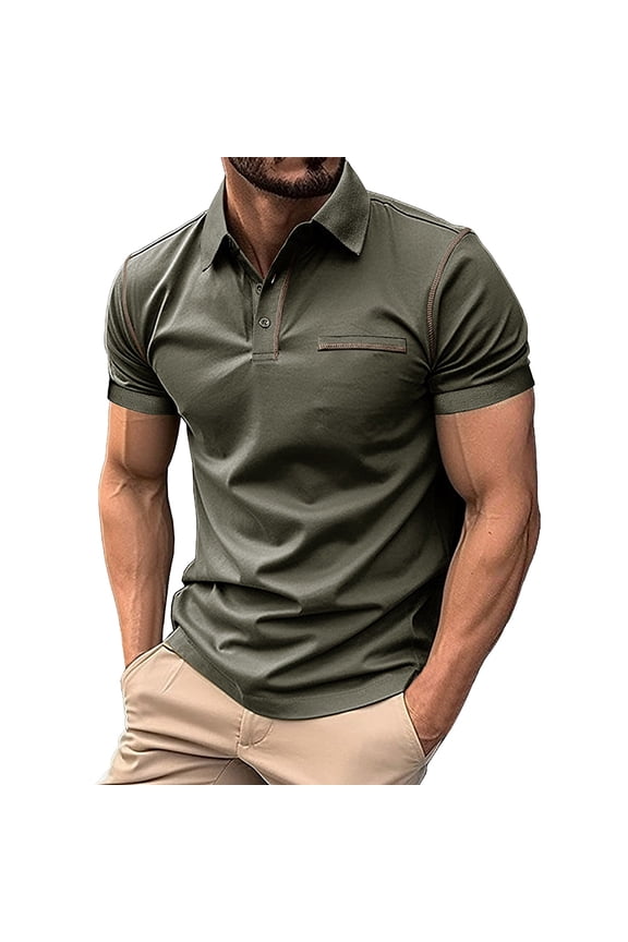 Mens T-Shirt Polo Shirts Button Up Turn Down Lapel Short Sleeve Solid Color Sports Male Clothes,Green,XL
