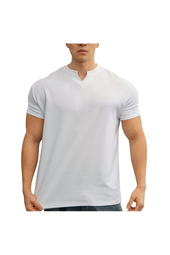 Mens T Shirt Casual Business Buttons Basic T Shirt Solid Color Shirt Henley Shirt Men Short Sleeve Mens Polyester Band Collar Shirt Henley T-Shirts