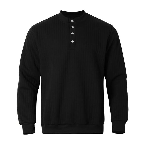 Mens T-Shirt Polo Shirts Fashion Long Sleeved Round Neck Half High Neck Solid Color Button Male Clothes,Black,L