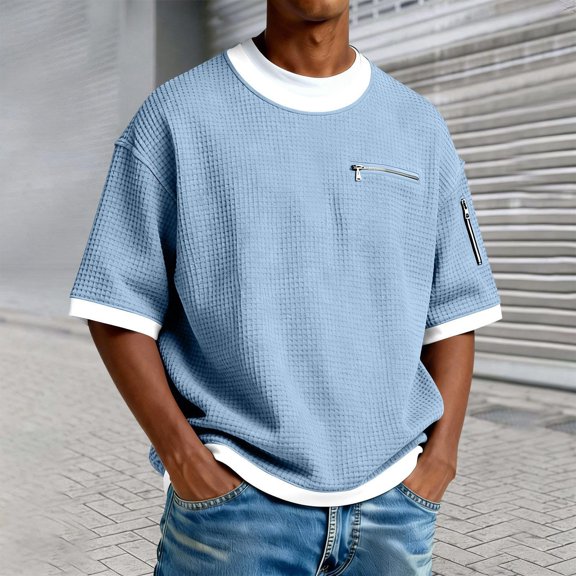 Mens T-Shirt for Golf Short Sleeve Pack Crew Neck Cotton Blend Tee Shirt Hipster Hop Undershirt Cotton Tops Summer Casual Plain Short Sleeve (Blue,XL)