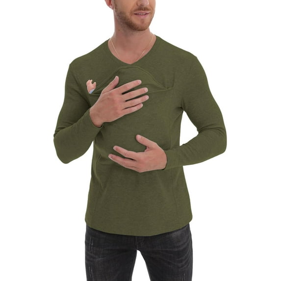 Mens T Shirt Kangaroo Shirt for Dad, V-Neck Long Sleeve T-Shirt, Grey, Male, Modern, Loose Fit Men Undershirts