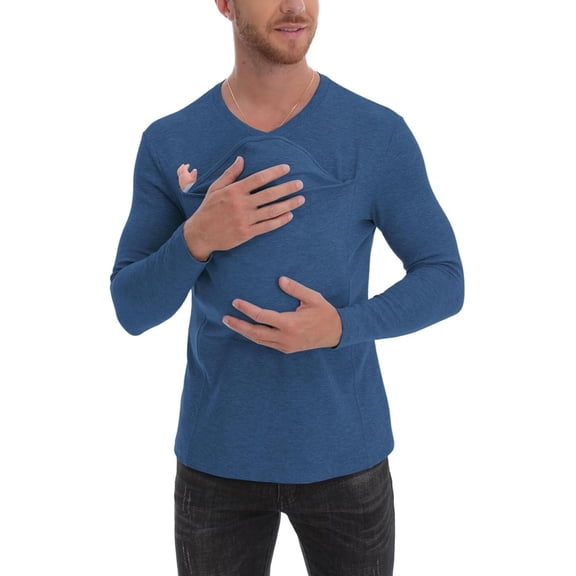 Mens T Shirt Kangaroo Shirt for Dad, V-Neck Long Sleeve T-Shirt, Grey, Male, Modern, Loose Fit Men Undershirts