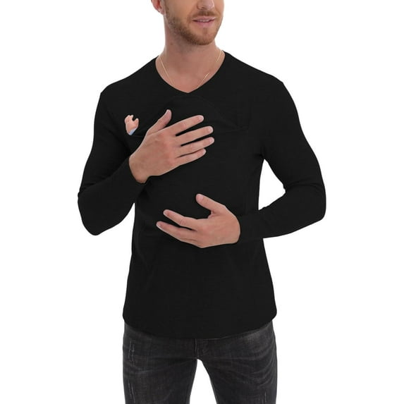 Mens T Shirt Kangaroo Shirt for Dad, V-Neck Long Sleeve T-Shirt, Grey, Male, Modern, Loose Fit Men Undershirts