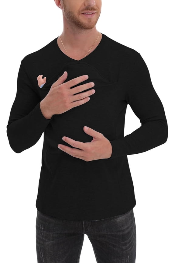 Mens T Shirt Kangaroo Shirt for Dad, V-Neck Long Sleeve T-Shirt, Grey, Male, Modern, Loose Fit Men Undershirts