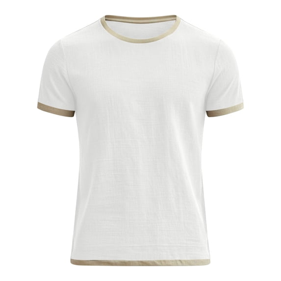 Mens T-Shirt Knit Short Sleeve Crew Neck Contrast Trim Knit T-Shirt,White L