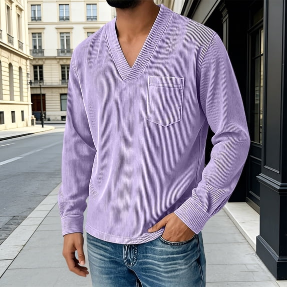 Mens T Shirt Long Sleeve V neck Henley T-Shirt Basic Purple T-Shirts with Button Beach Shirts for Men