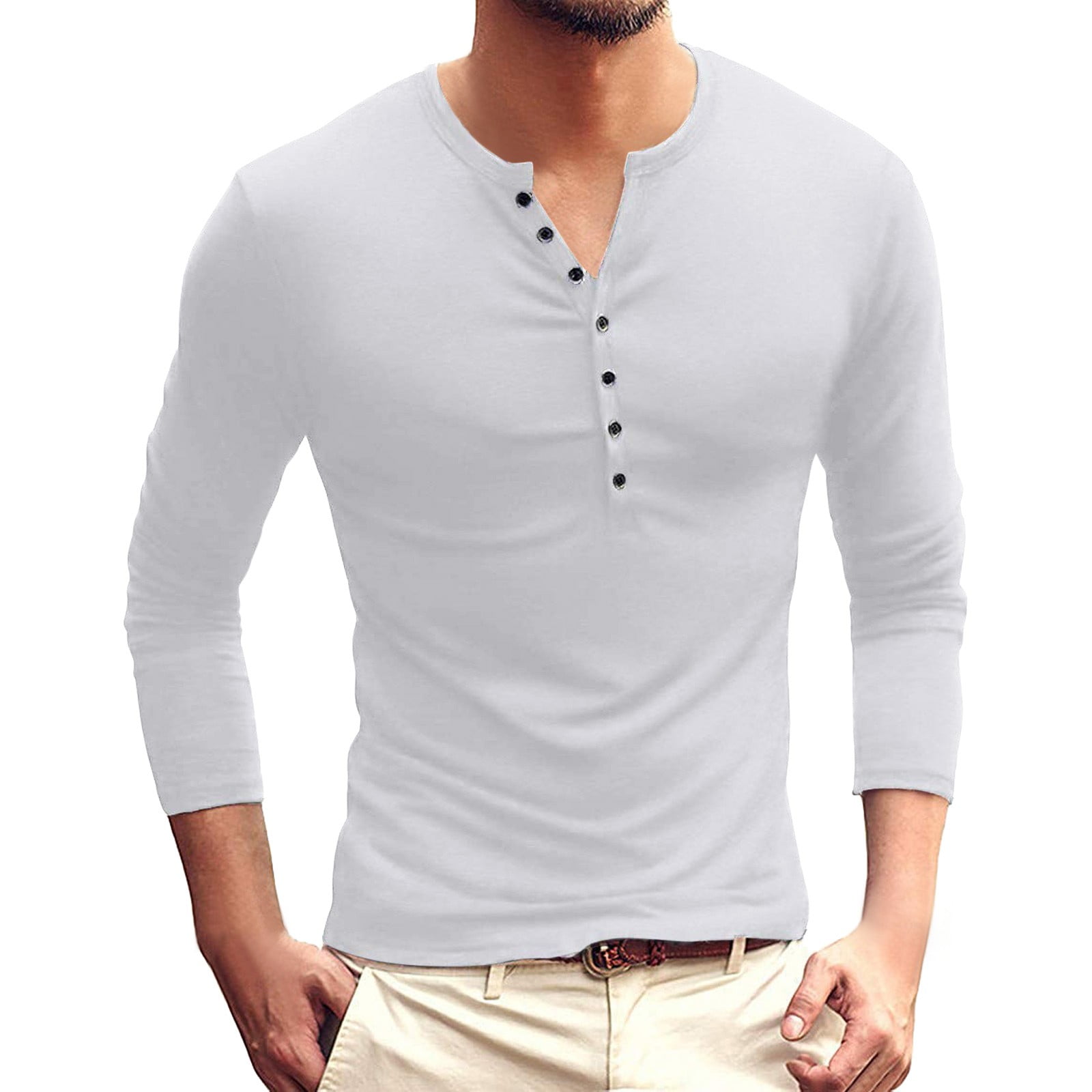 Mens T Shirt Male Solid Long Sleeve V-Neck Slim Button Fashion Comfortable Top  T-Shirts For Men 