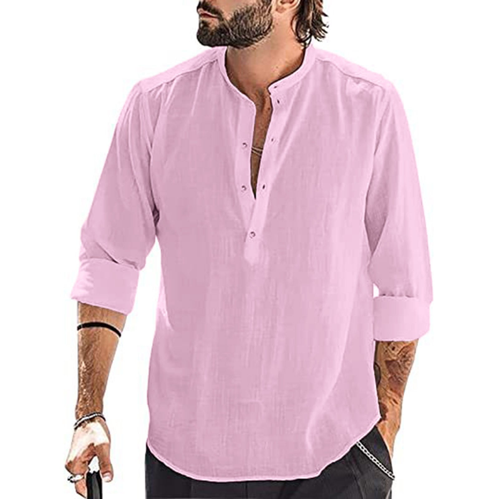Mens T Shirt Mens Loose Fitting Shirt Stand Collar Long Sleeve Shirt