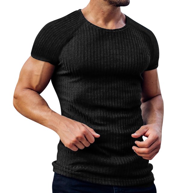 Mens T Shirt Muscle Stretch Short Sleeve Crewneck Bodybuilding Workout