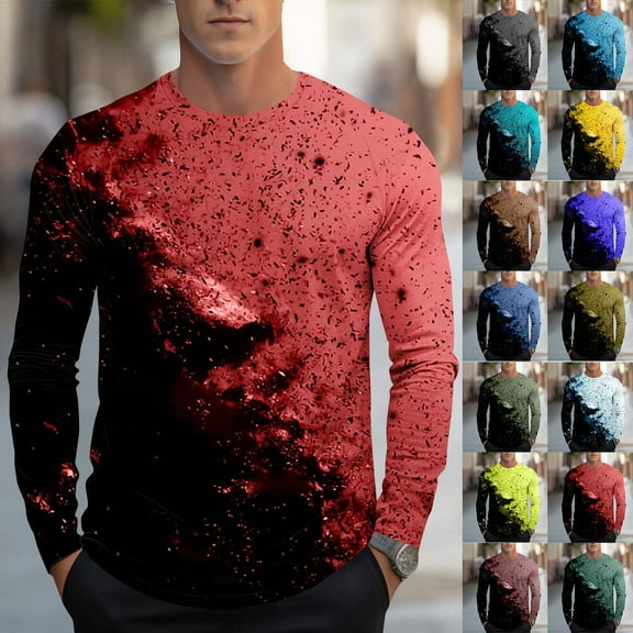 Mens T-Shirt Plus Size Long Sleeve Crew Neck Gradient Big&Tall Shirts Casual Loose T-shirt Outdoor Sport Pullover Blouse Outerwear S-4XL