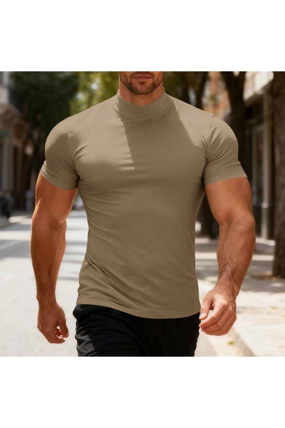 Mens T-Shirt Short Sleeve Basic Mock Neck Slim Fitting Undershirt Pullover Base Layer Tee Tops Khaki XXL