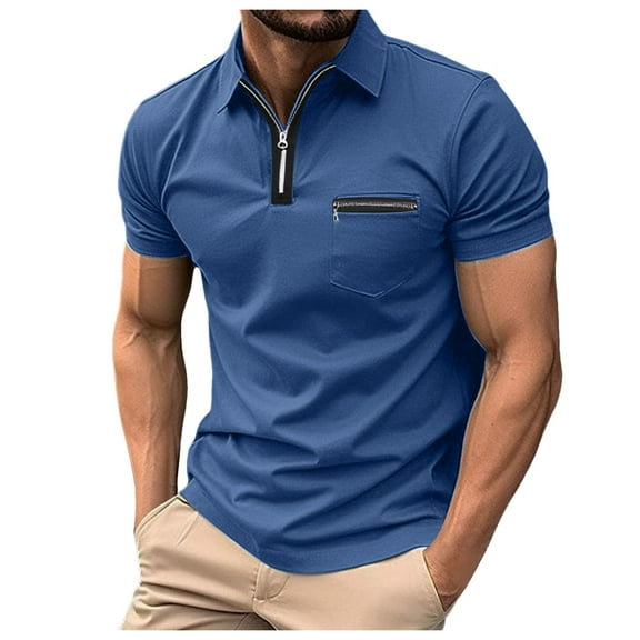 Mens T-Shirt Polo Shirts Short Sleeve Zipper Pocket Solid Holiday Tops Summer Clothing,Navy,3XL