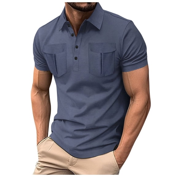 Mens T-Shirt Polo Shirts Sim Ple Button Lapel Double Pocket Solid Color Short Sleeve Tops Mens Clothing,Grey,XL