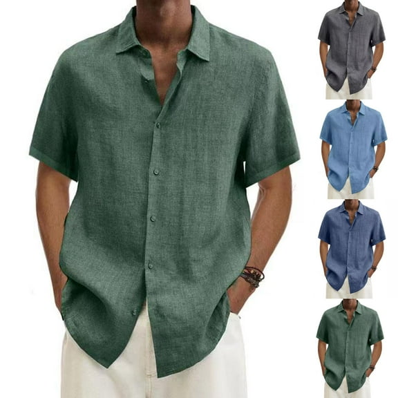 Mens T-Shirt Solid Short Sleeve Stand Collar Buttons Pullover Tops