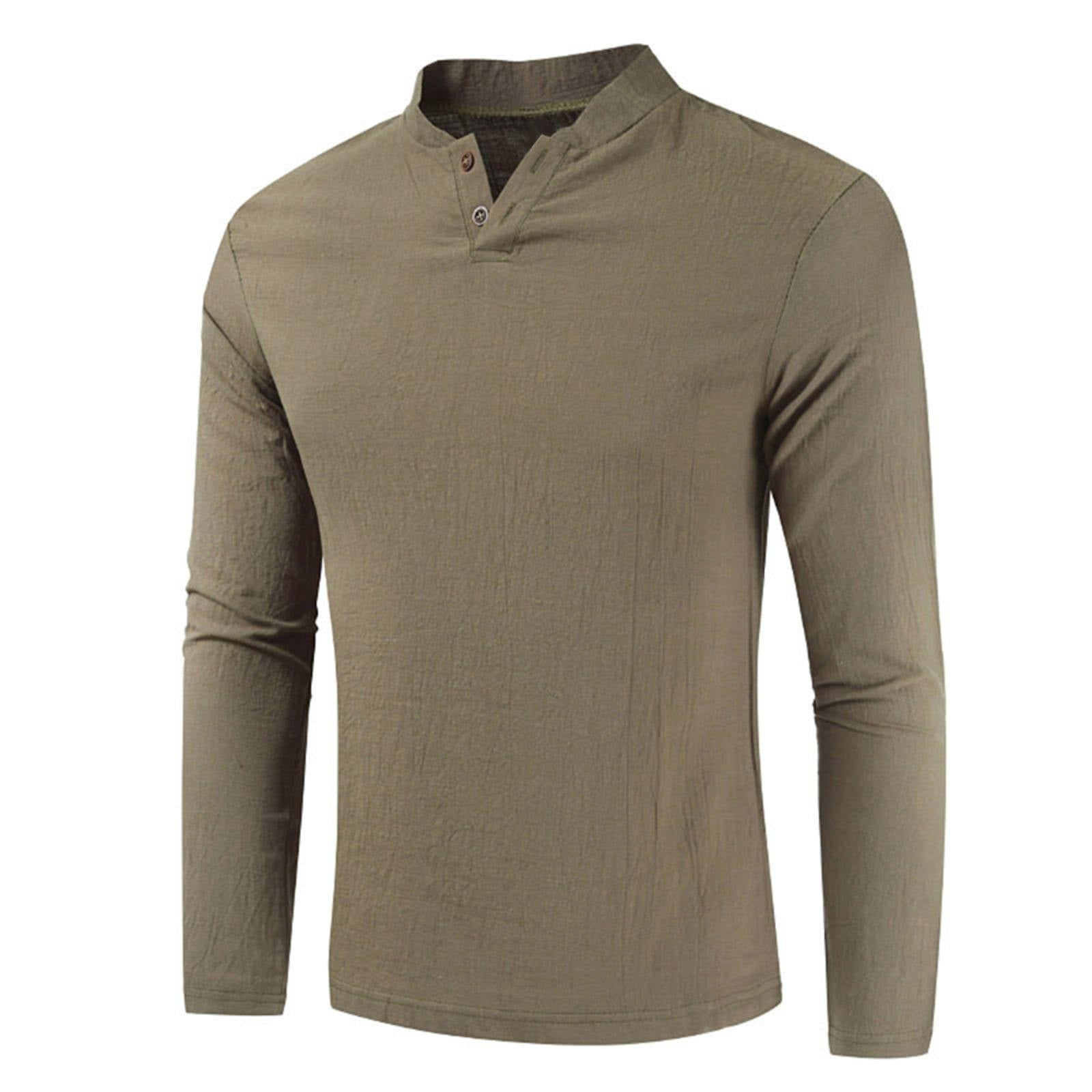 Mens T Shirt Two Button Long Sleeve V Neck Linen Casual Fitness ...