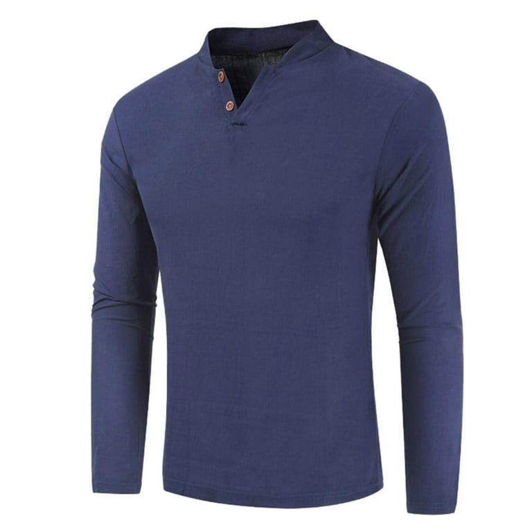 Mens T Shirt Two Button Long Sleeve V Neck Linen Casual Fitness Business Backing Solid Color T Shirts for Man