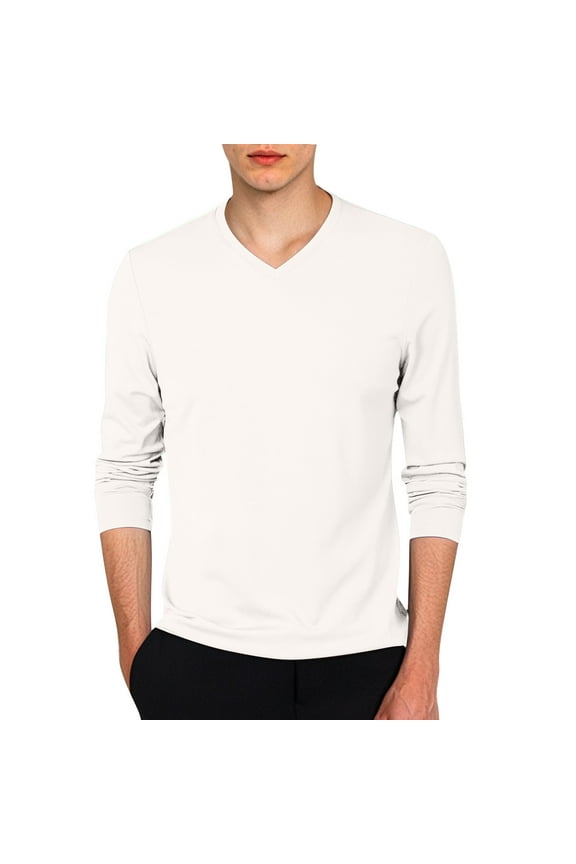 Mens T Shirt V Neck Long Sleeve Basic Tees Stretch Layering Top Lightweight Slim Fit Pullover Undershirt White L