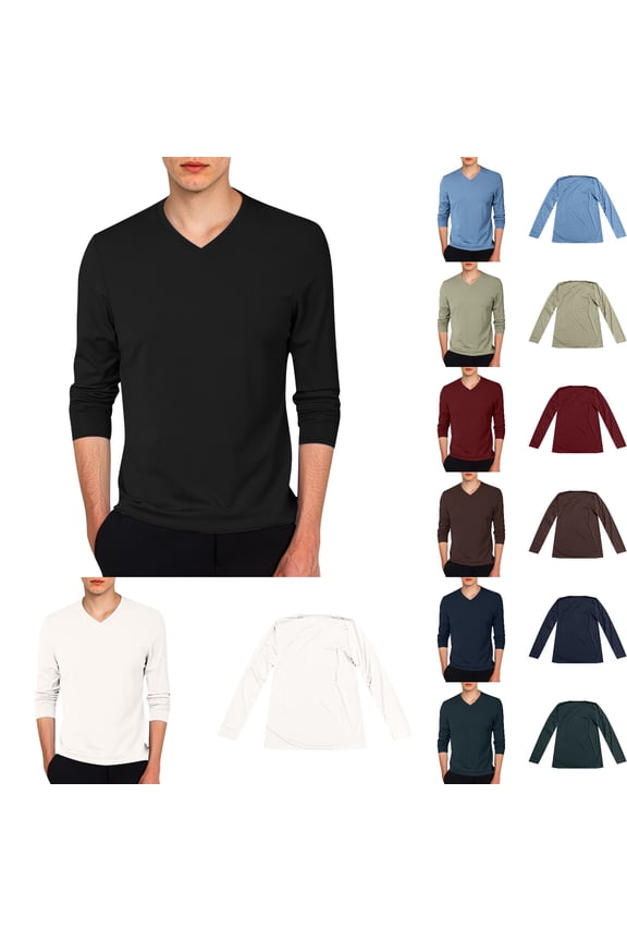 Mens T Shirt V Neck Long Sleeve Basic Undershirt Layering Top Stretch Thin Breathable Slim Fit Pullover Tees White XL