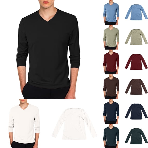 Mens T Shirt V Neck Long Sleeve Basic Undershirt Layering Top Stretch Thin Breathable Slim Fit Pullover Tees White XL