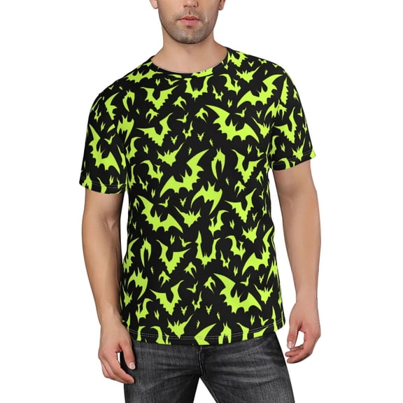 Mens T-Shirt - green bats Halloween black cool Short Sleeve Crew Neck Soft Comfy Tee Shirts for Men Fun Halloween Costumes