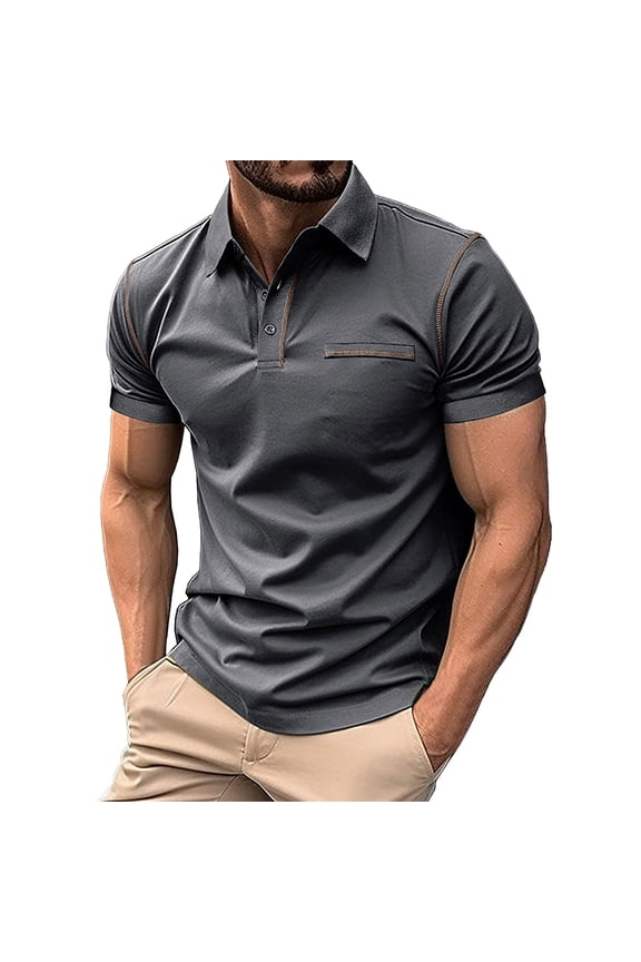 Mens T Shirts Polo Shirts Button Up Turn Down Lapel Short Sleeve Solid Color Sports Work Clothing,Grey,M