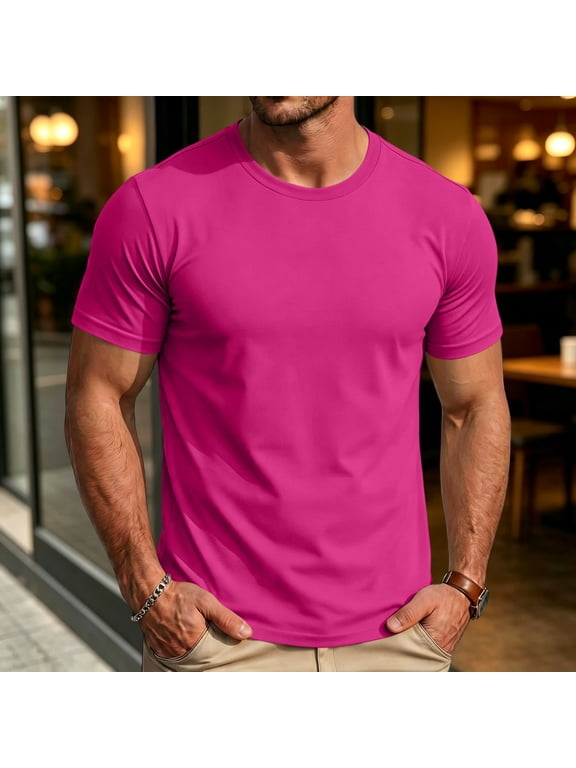 Mens T Shirts Casual Basic Short Sleeve Crewneck Tops Summer Gym Workout Athletic Lightweight Performance Tees Hot Pink L