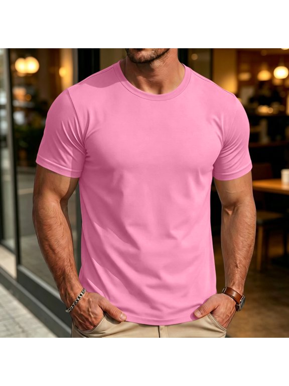 Mens T Shirts Casual Basic Short Sleeve Crewneck Tops Summer Gym Workout Athletic Lightweight Performance Tees Pink S